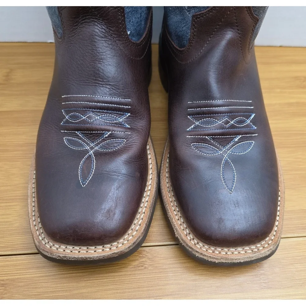 Old West Youth Unisex Broad Square Brown Blue Leather Cowboy Boots 1914 5D